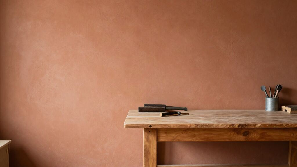 Warm terracotta workshop with a wooden workbench and simple tools.